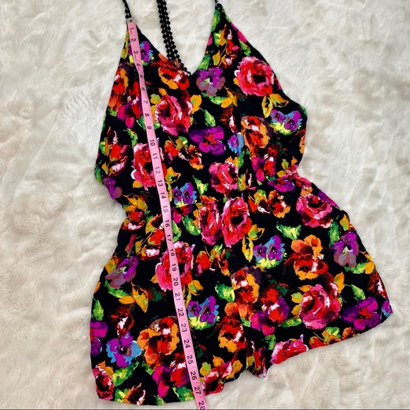 v neck neon floral/multicolor open back romper - Picture 6 of 8